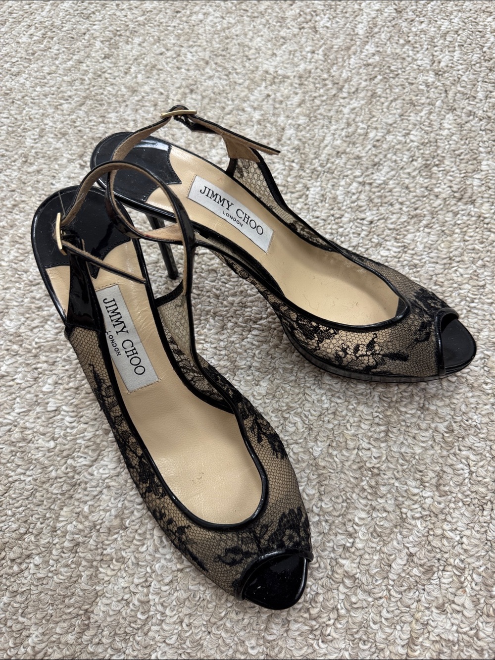 Jimmy Choo Black Lace Peep-Toe Slingback Heels with Nude Underlay